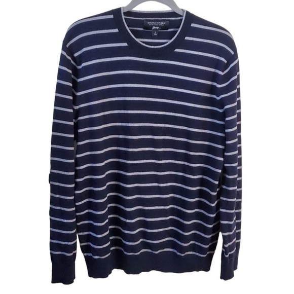Banana Republic X Baruffa Italian Merino Wool Navy Gray Striped Sweater Size L - Picture 1 of 8